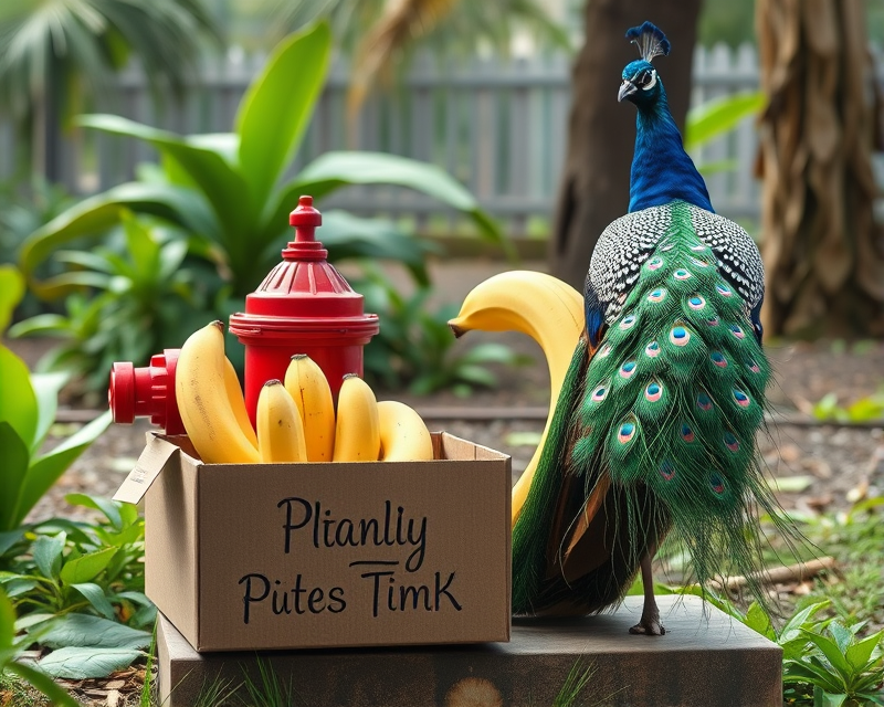 box, fire hydrant, banana, peacock